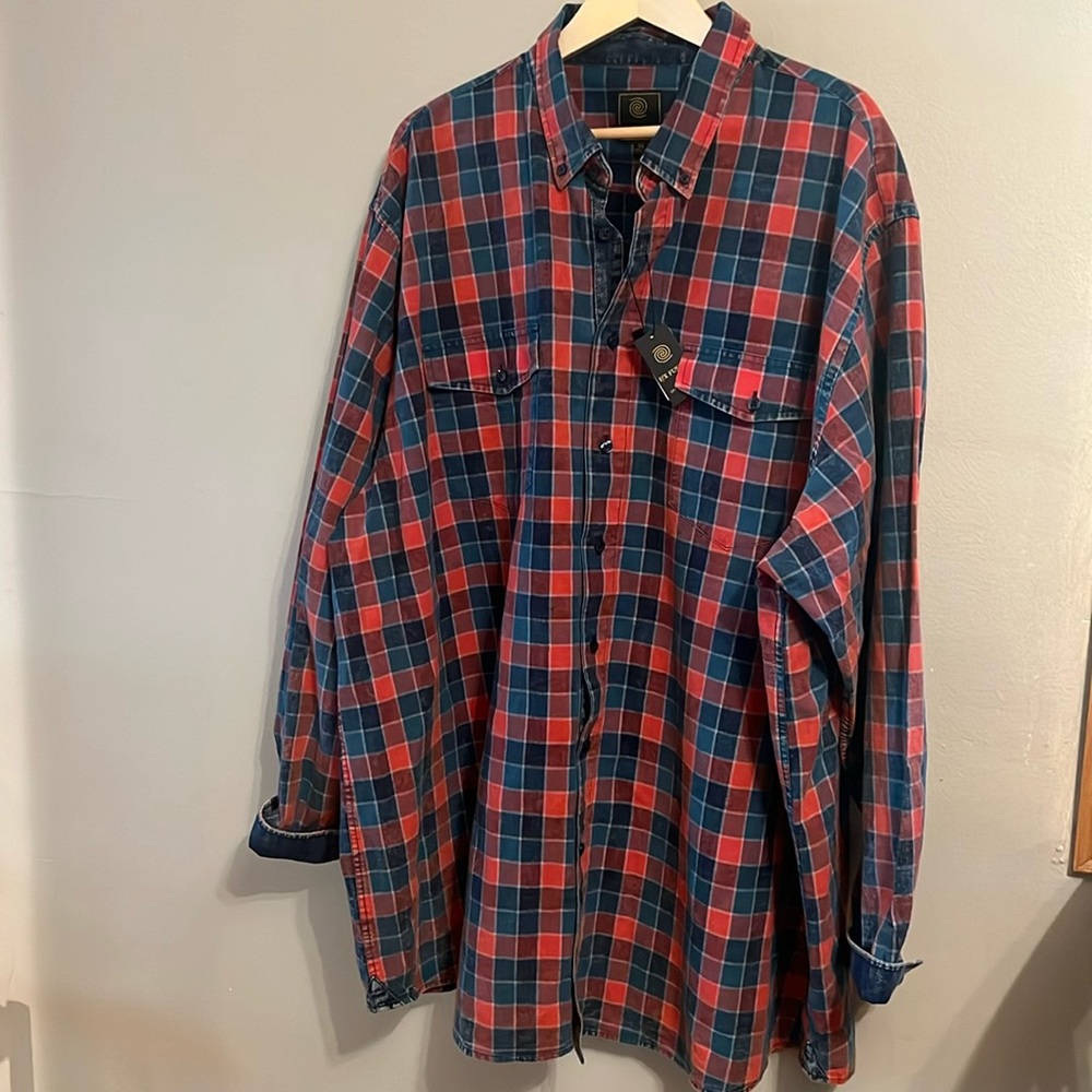 F/X fusion 3X mens teal orange and blue checked casual dress shirt